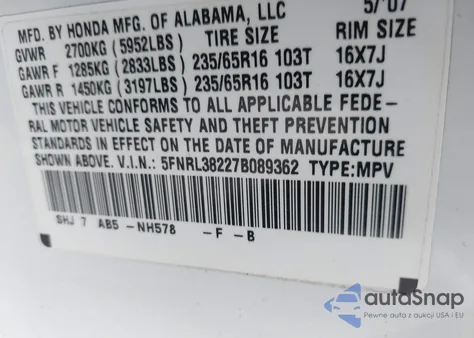 2007 Honda Odyssey Lx z USA, uszkodzony, nr VIN 5FNRL38227B089362